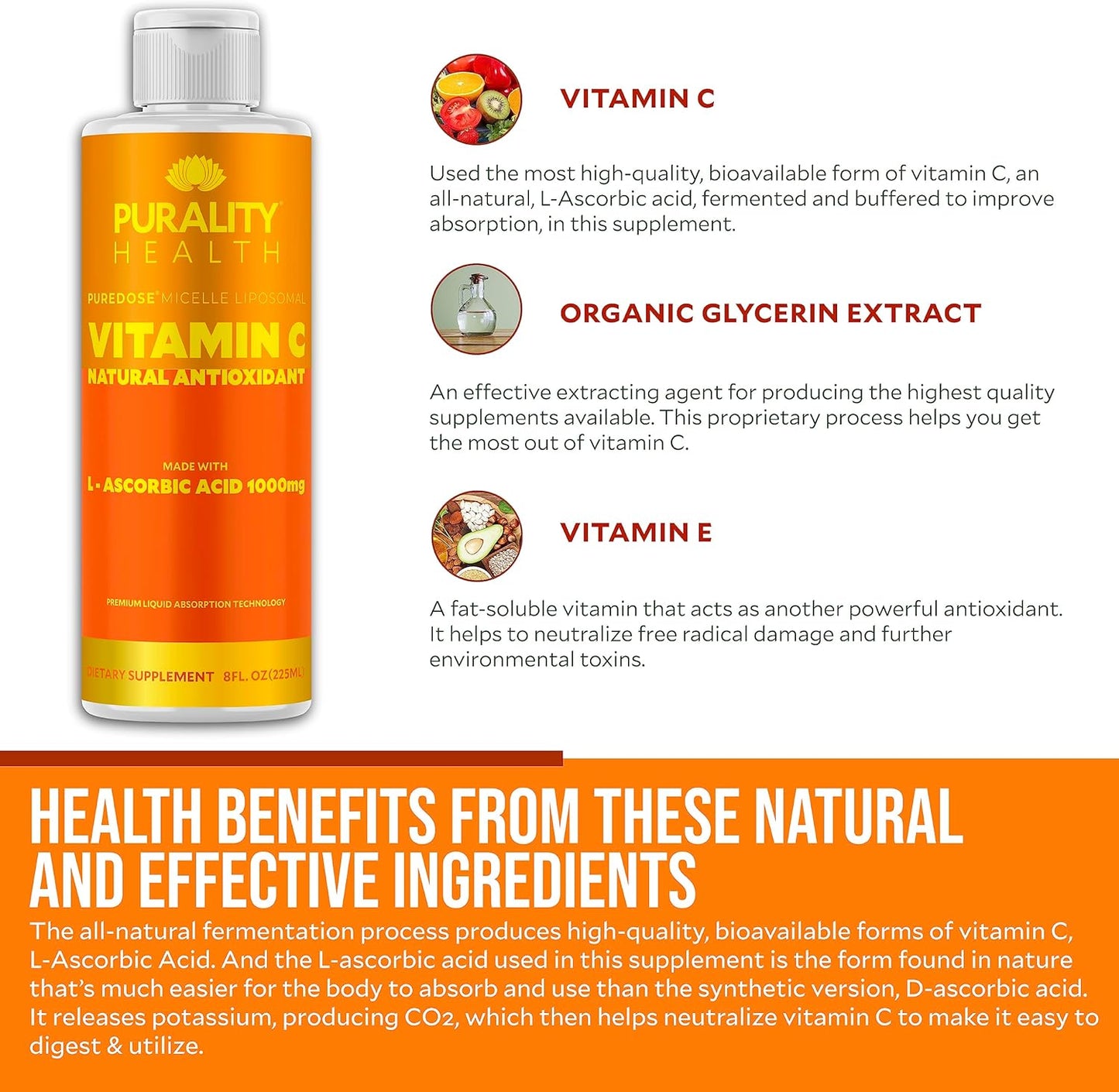 High Absorption Vitamin C Liquid Supplement - 1000mg per Serving - Non-GMO, Gluten Free, Vegan - 15 Day Supply