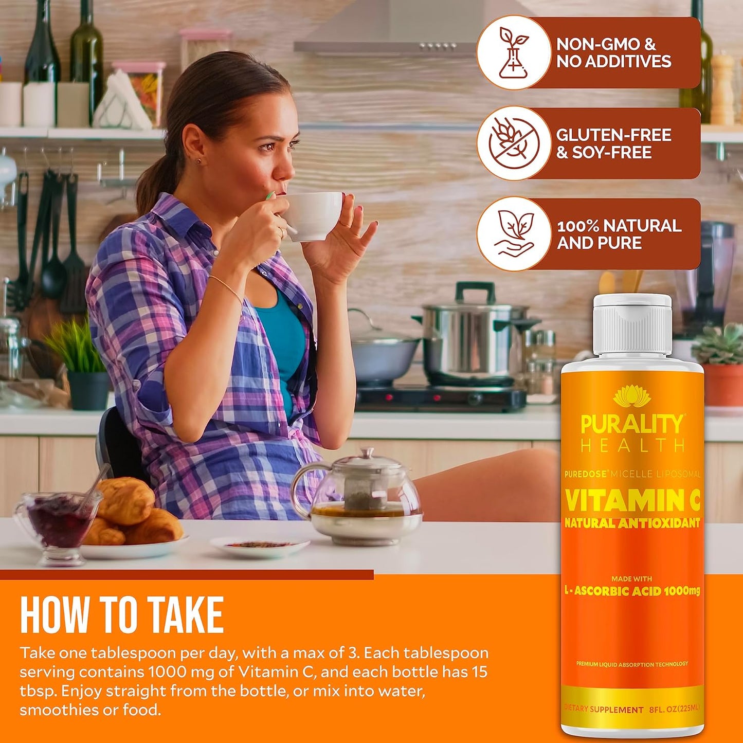 High Absorption Vitamin C Liquid Supplement - 1000mg per Serving - Non-GMO, Gluten Free, Vegan - 15 Day Supply