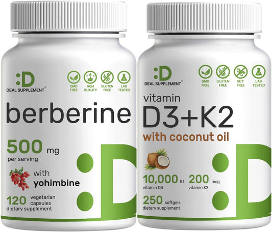 High Absorption Vitamin D3 10,000iu & K2 200mcg Softgels Bundle with Berberine & Yohimbine - Essential Sunshine Vitamins with Coconut Oil - Hydrochloride HCl Forms for Maximum Benefits
