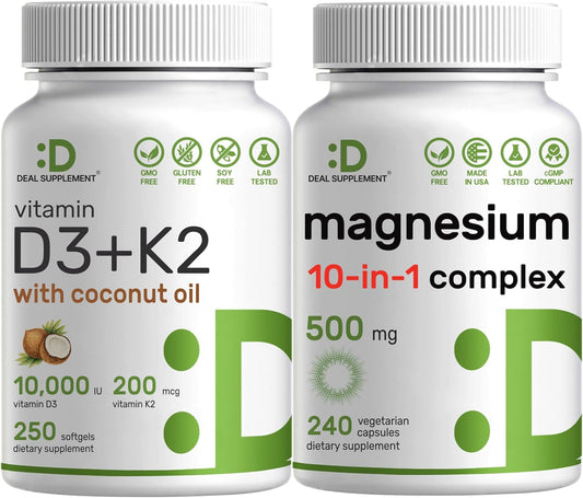 High Absorption Vitamin D3 and K2 Bundle with Magnesium Complex - Sunshine Vitamins with Coconut Oil - Chelated Minerals - 10-in-1 Formula