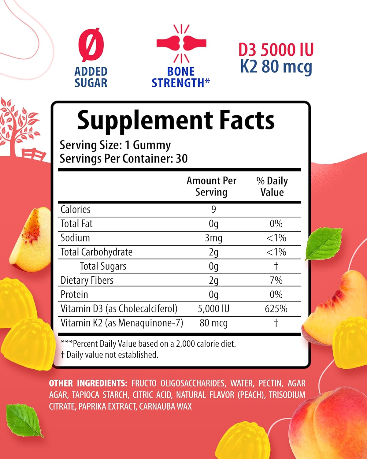 High-Absorption Vitamin D3 K2 Gummies 5000 IU for Immune & Bone Support - Sugar-Free, Vegan & Gluten-Free Gummy Supplement