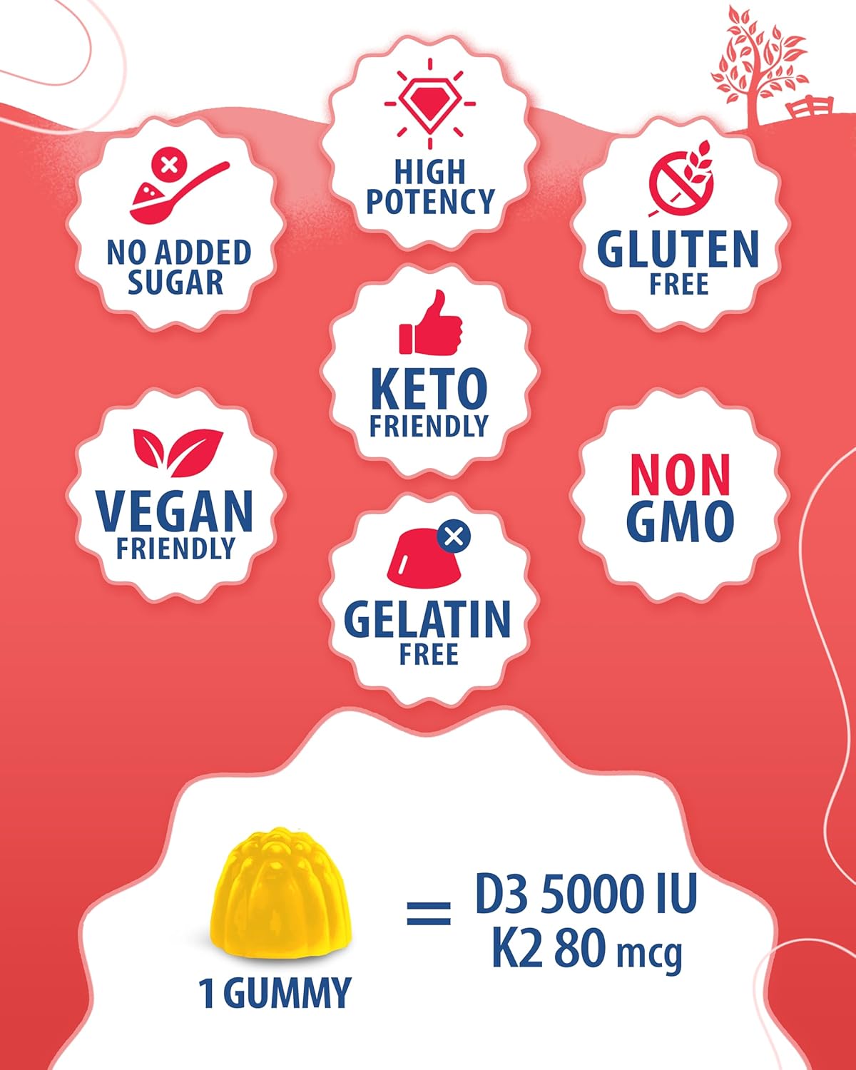High-Absorption Vitamin D3 K2 Gummies 5000 IU for Immune & Bone Support - Sugar-Free, Vegan & Gluten-Free Gummy Supplement