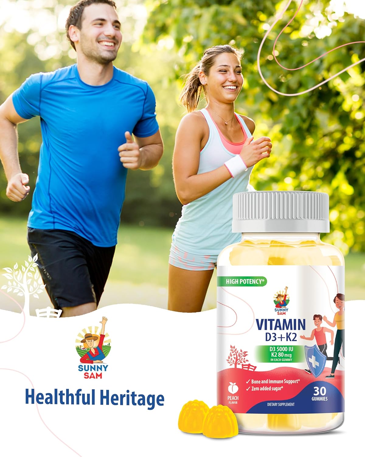 High-Absorption Vitamin D3 K2 Gummies 5000 IU for Immune & Bone Support - Sugar-Free, Vegan & Gluten-Free Gummy Supplement