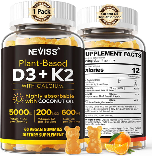 High Absorption Vitamin D3 K2 Gummies with Calcium and Coconut Oil - Vegan Bone and Immune Support Supplement 60 Count