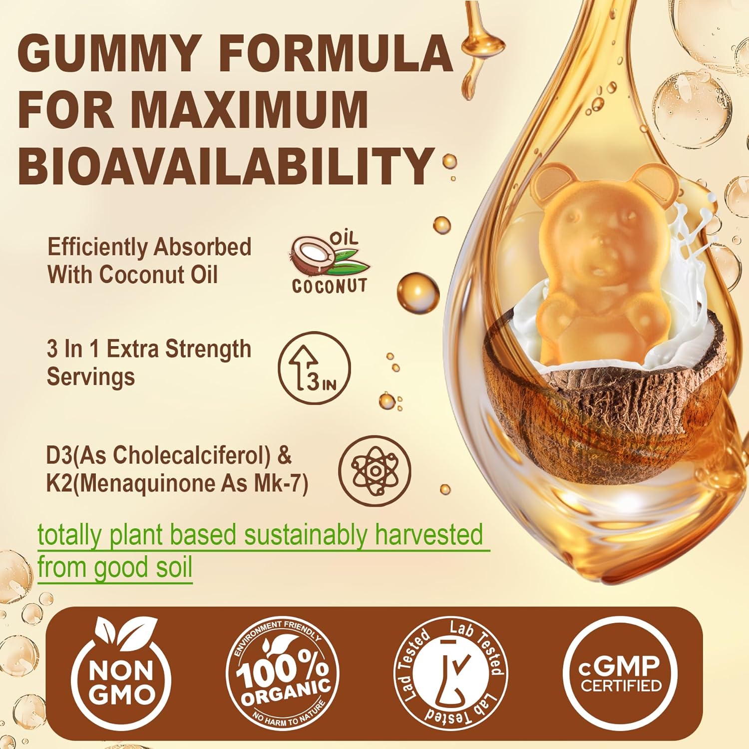 High Absorption Vitamin D3 K2 Gummies with Calcium and Coconut Oil - Vegan Bone and Immune Support Supplement 60 Count
