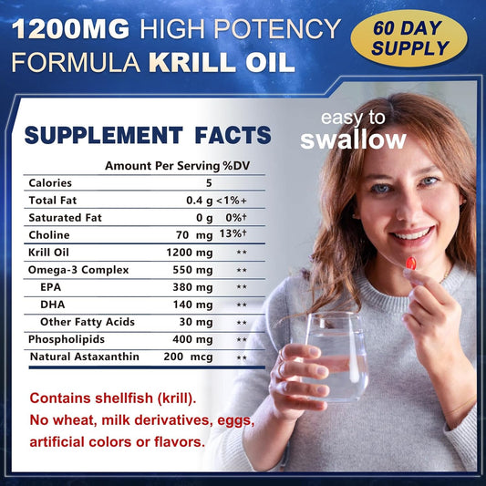 High Absorption ZEBORA Krill Oil Supplement - 1200 mg Omega 3 with EPA, DHA, Astaxanthin & Phospholipids for Heart & Joint Health - 120 Softgels (60 Servings)