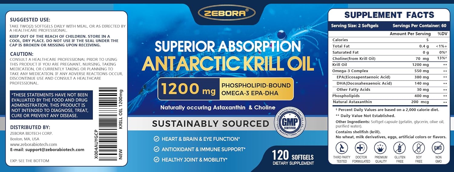 High Absorption ZEBORA Krill Oil Supplement - 1200 mg Omega 3 with EPA, DHA, Astaxanthin & Phospholipids for Heart & Joint Health - 120 Softgels (60 Servings)