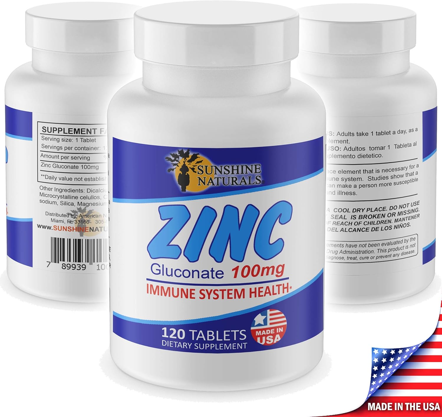 High Antioxidant 100mg Zinc Gluconate Supplement for Immune System and Skin Health - 120 Tablets