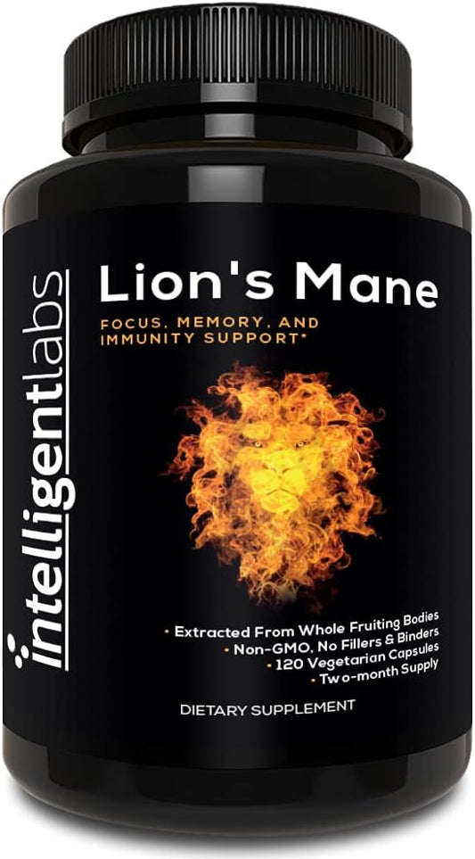 High Beta Glucan Lion's Mane Mushroom Capsules, Fruiting Body Extract, Grain-Free, 60-Day Supply
