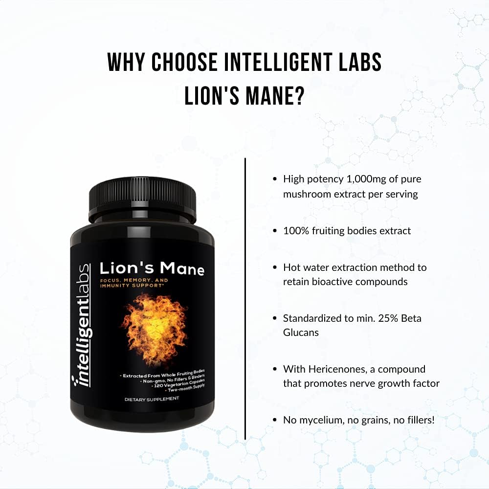 High Beta Glucan Lion's Mane Mushroom Capsules, Fruiting Body Extract, Grain-Free, 60-Day Supply