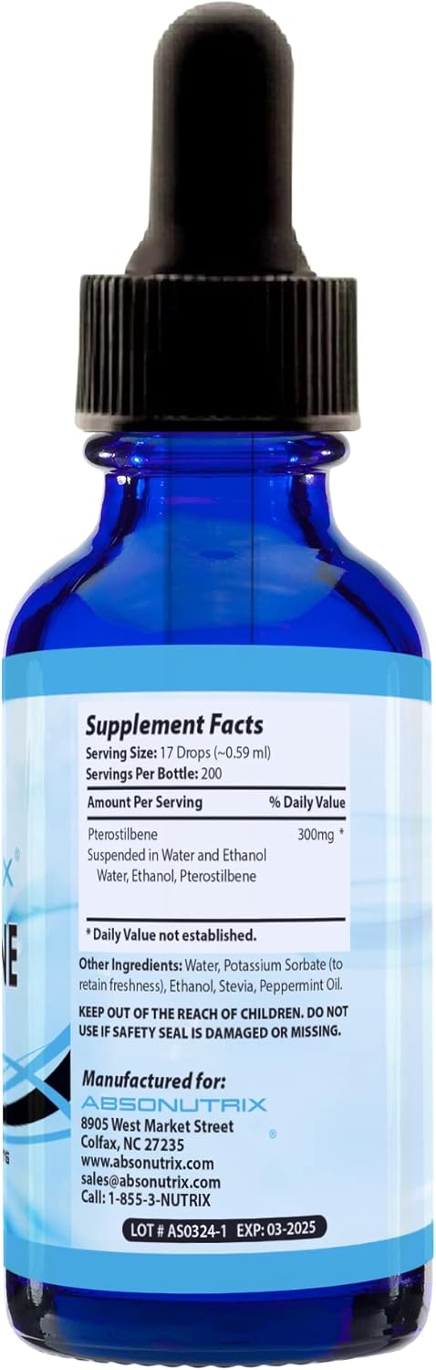 High Bioavailability Absonutrix Pterostilbene Liquid Drops - 300 mg, 4 Fl Oz - 200 Servings - Third-Party Tested - GMP-Certified - Non-GMO - Made in USA