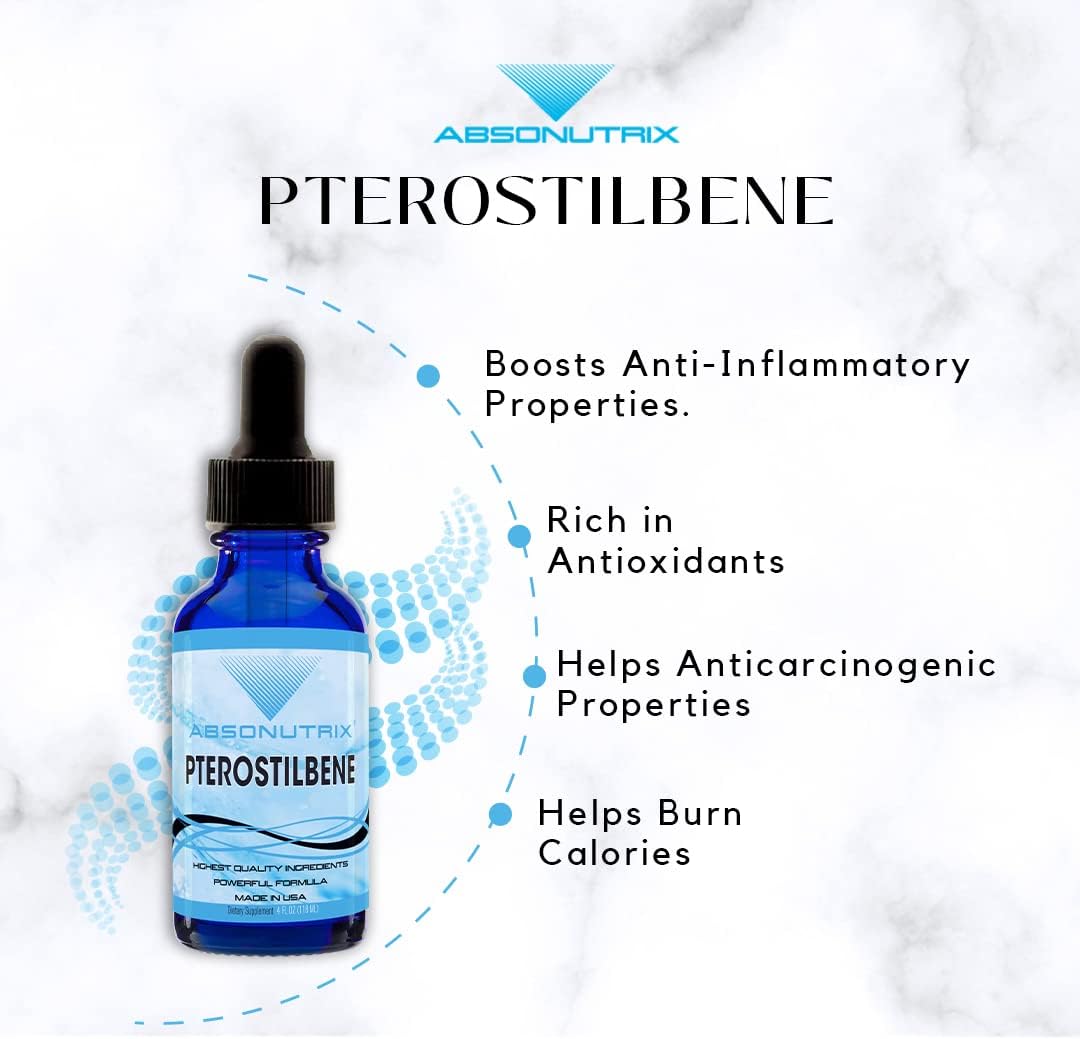 High Bioavailability Absonutrix Pterostilbene Liquid Drops - 300 mg, 4 Fl Oz - 200 Servings - Third-Party Tested - GMP-Certified - Non-GMO - Made in USA