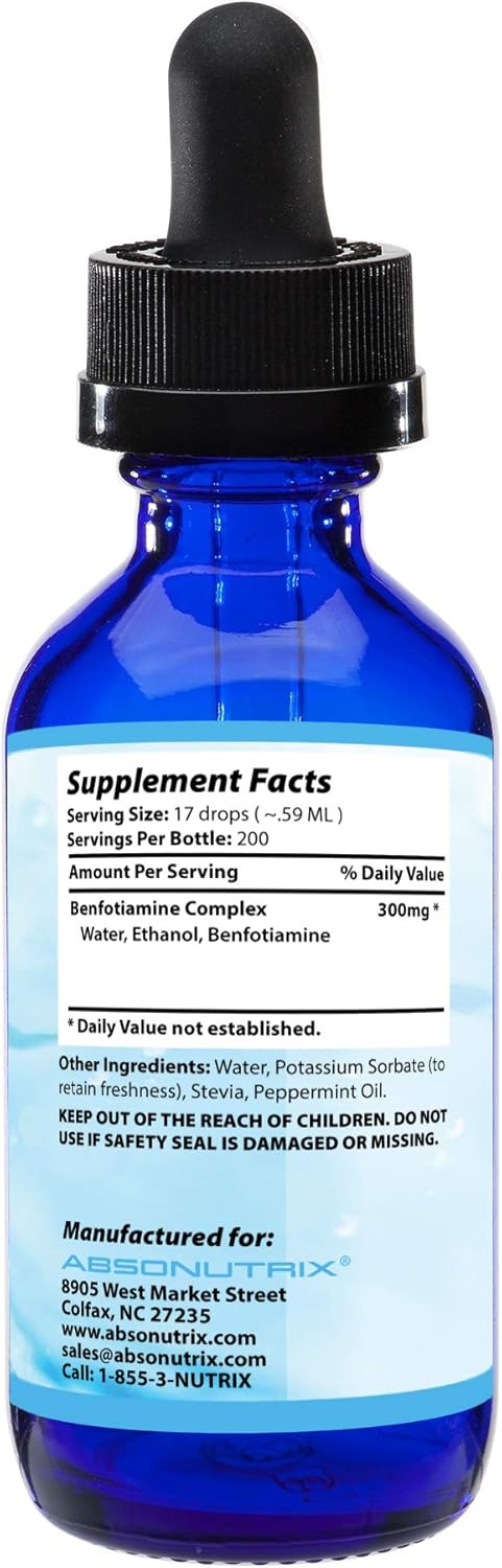 High Bioavailability Benfotiamine Complex 300 mg - 4 Fl Oz Bottle, 200 Servings - Quick Absorption - Potent Ingredients - Non-GMO - Made in USA