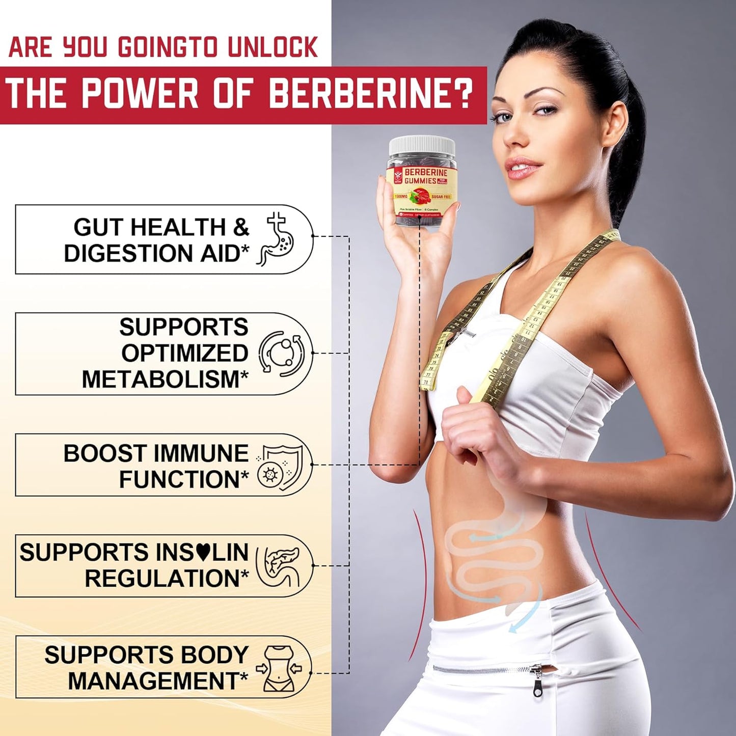 High Bioavailability Berberine Supplement Gummies with Soluble Fiber and B Vitamins for Metabolism Support - 60 Count