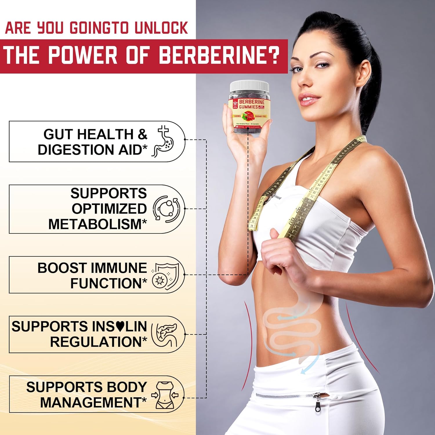 High Bioavailability Berberine Supplement Gummies with Soluble Fiber and B Vitamins for Metabolism Support - 60 Count