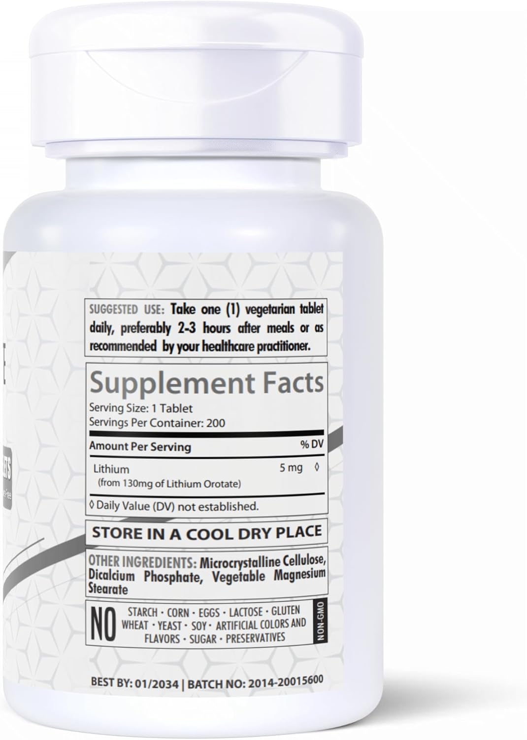 High Bioavailability Healthfare Lithium Orotate 130mg Supplement - 200 Tablets, Gluten-Free & Non-GMO
