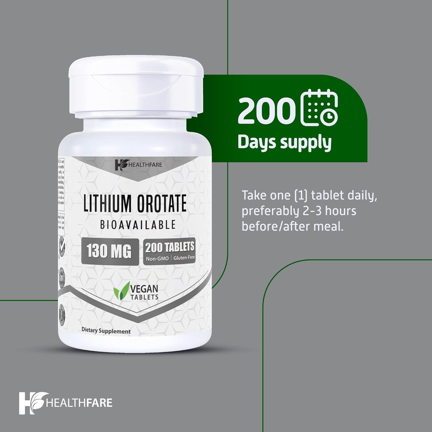 High Bioavailability Healthfare Lithium Orotate 130mg Supplement - 200 Tablets, Gluten-Free & Non-GMO
