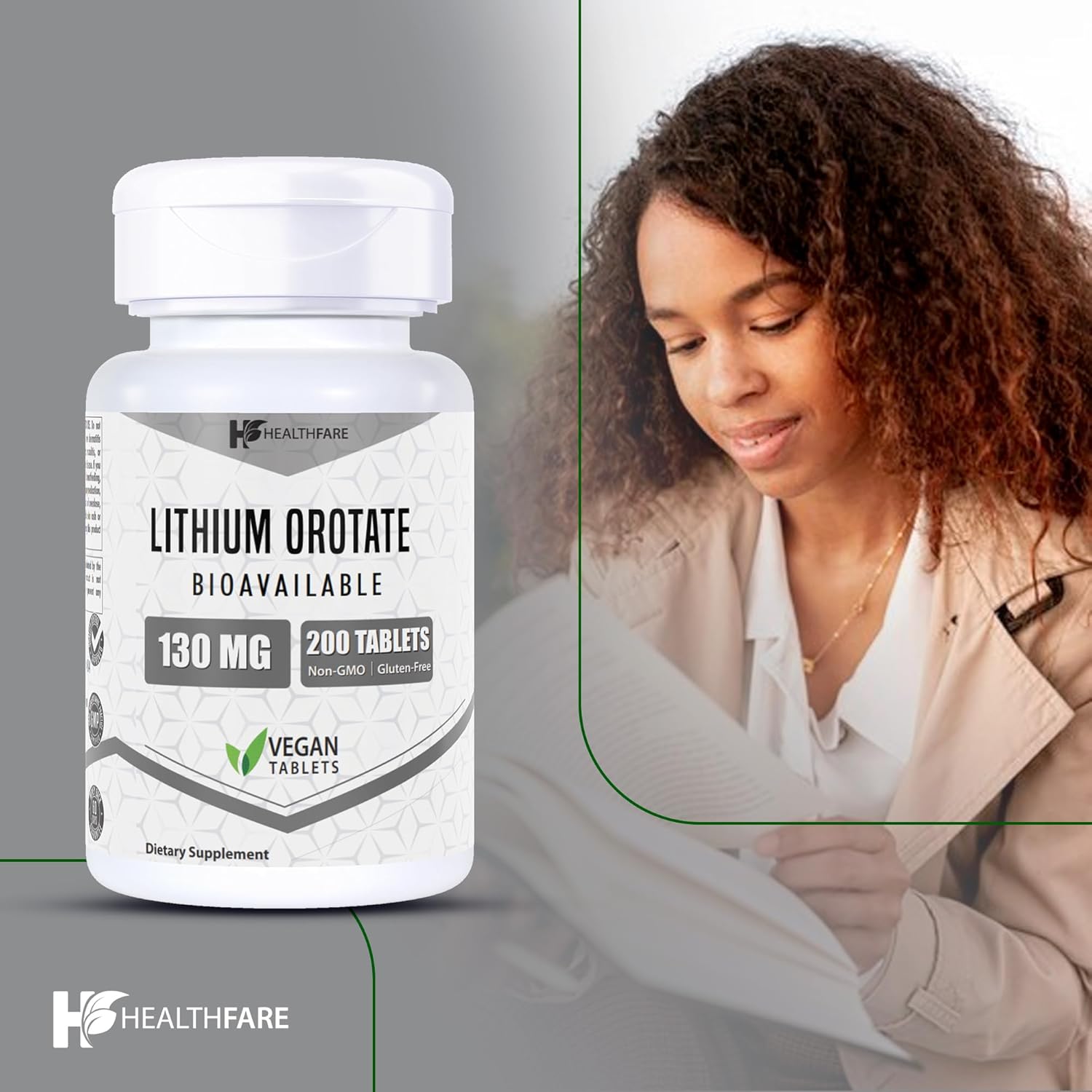 High Bioavailability Healthfare Lithium Orotate 130mg Supplement - 200 Tablets, Gluten-Free & Non-GMO