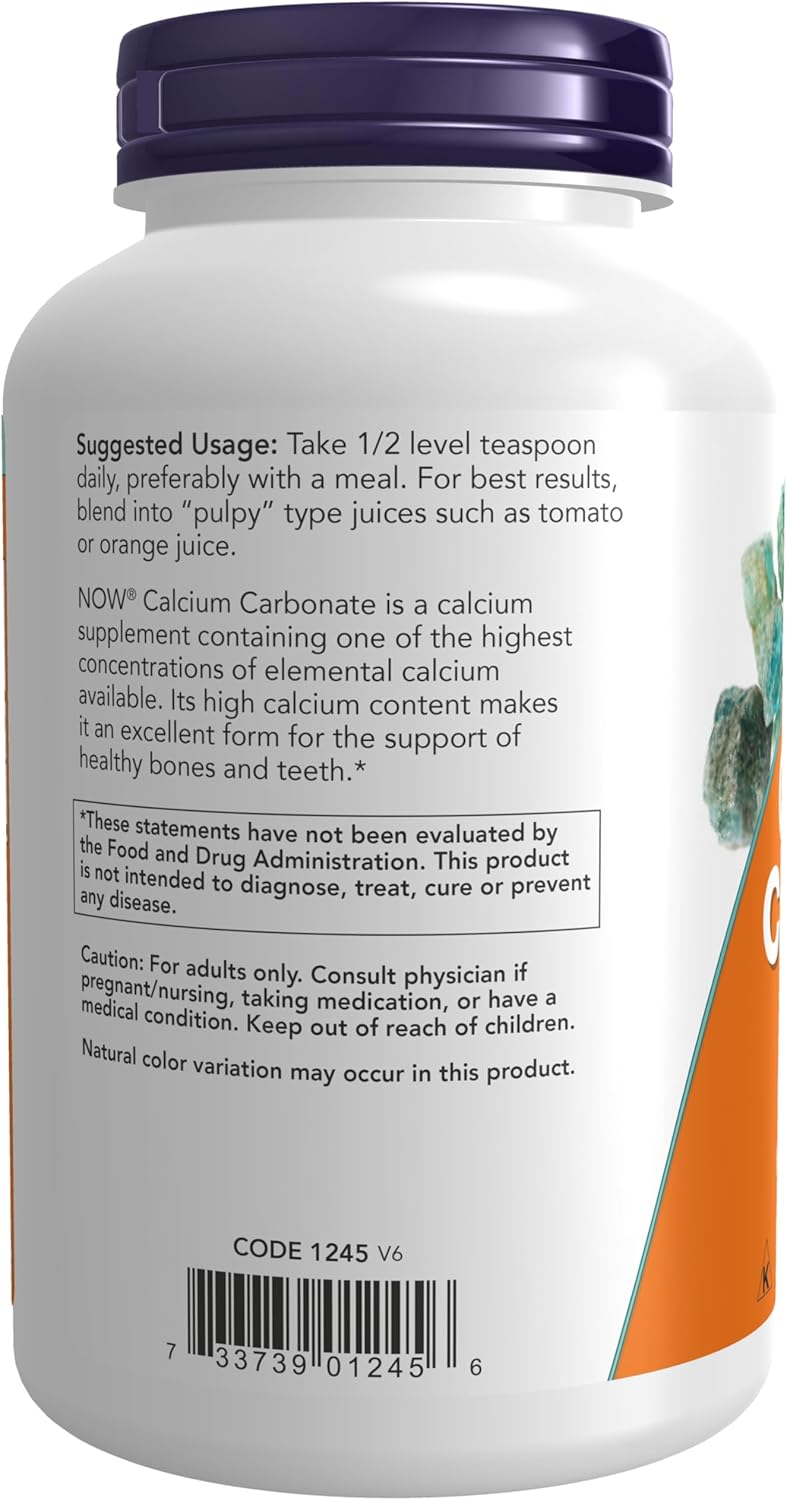 High Calcium Percentage NOW Foods Calcium Carbonate Powder for Bone Health Support - 12oz