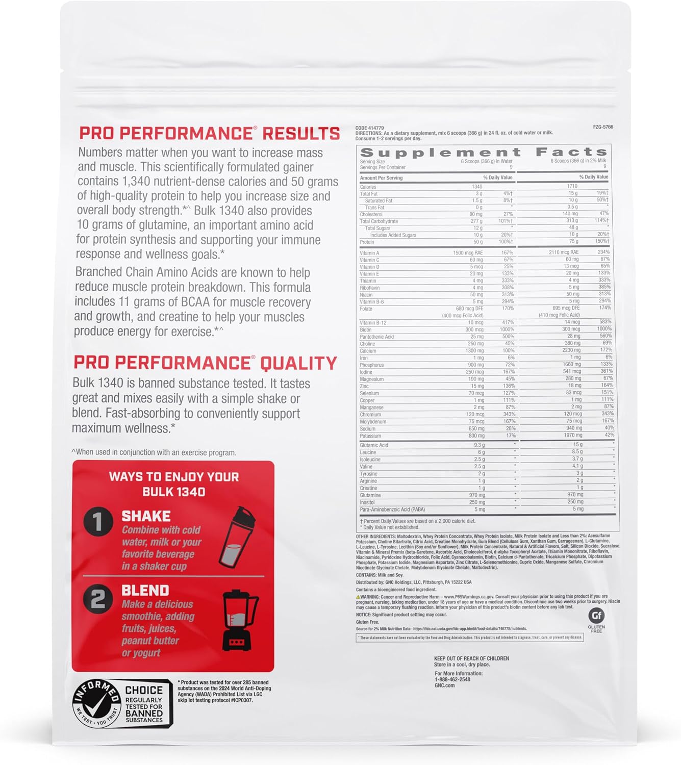 High Calorie Mass Gainer Protein Powder for Muscle Energy and Growth | GNC Pro Performance Bulk 1340 | 50g Protein, 1340 Calories | Gluten Free, Banned Substance Tested