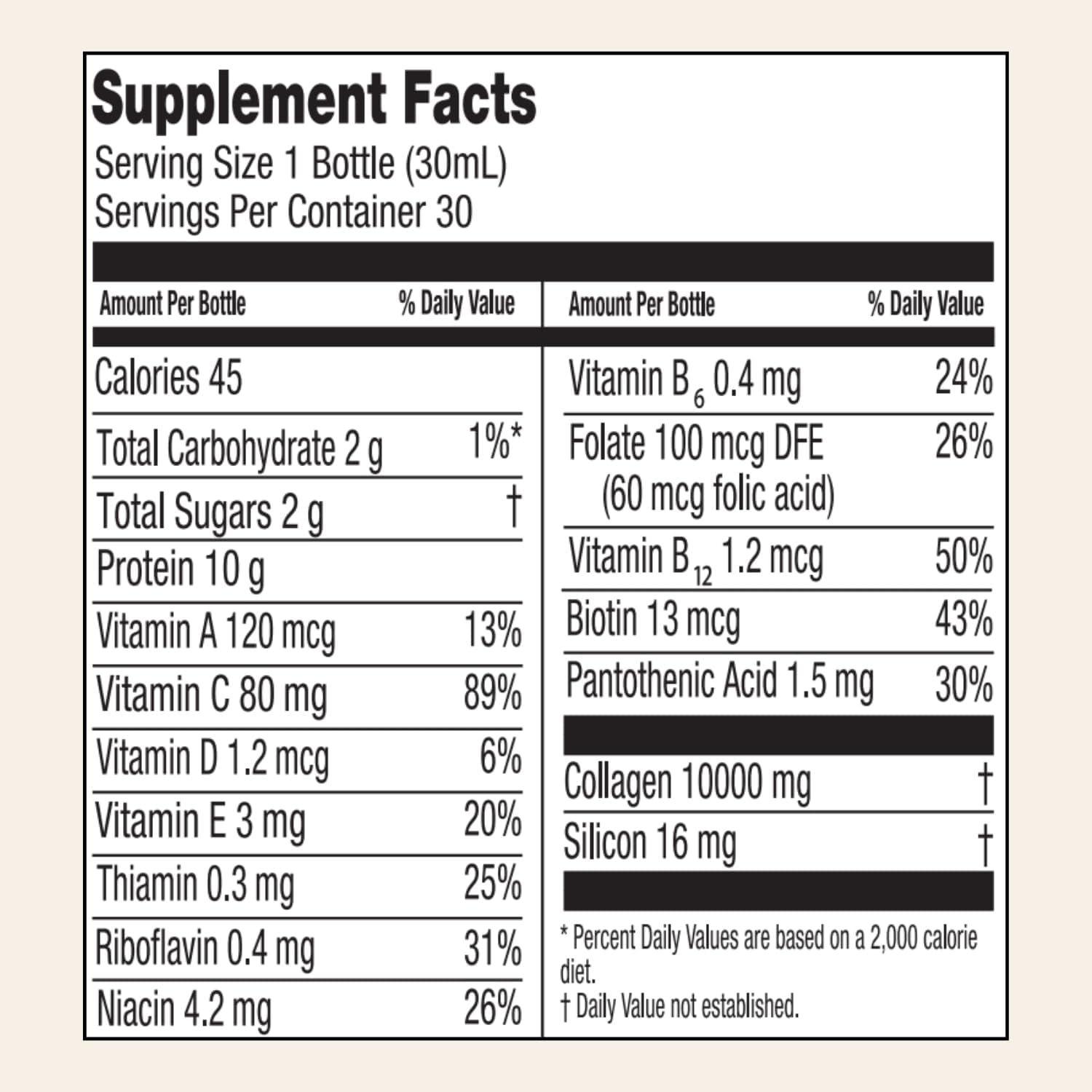 High Collagen Content Liquid Collagen Sport Drink - 10,000 Mg Per Serving with Vitamins and Orthosilicic Acid - 30 Bottles x 30 ML for Bone Health, Hair, and Nails