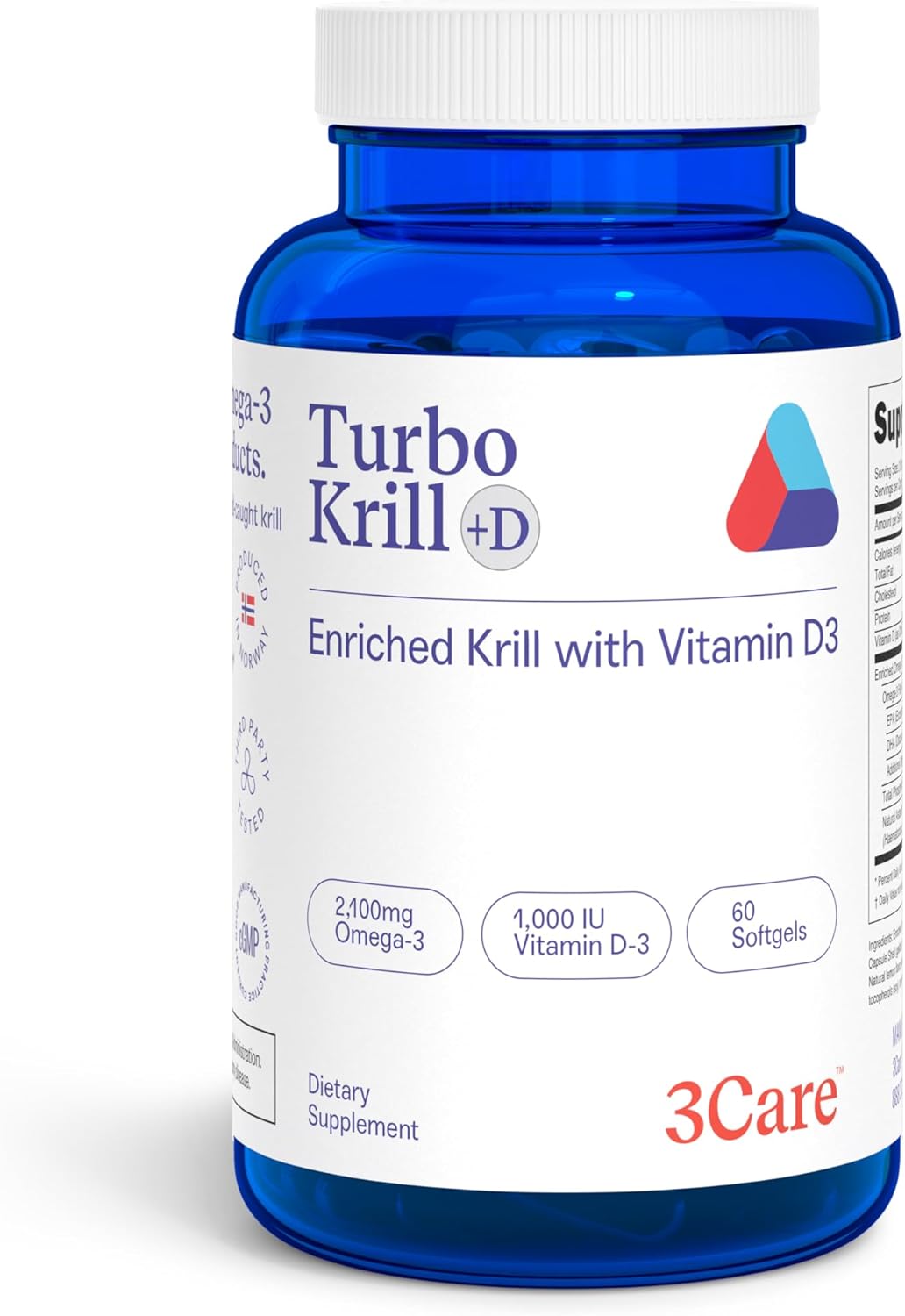High Concentrate 3Care Turbo Krill Oil Plus 600 IU Vitamin D Omega 3 Supplement Softgels - 60 Count