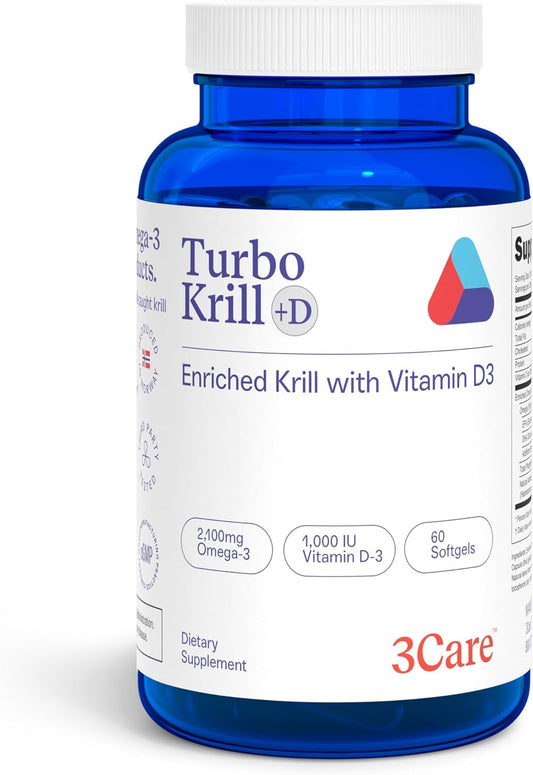 High Concentrate 3Care Turbo Krill Oil Plus 600 IU Vitamin D Omega 3 Supplement Softgels - 60 Count