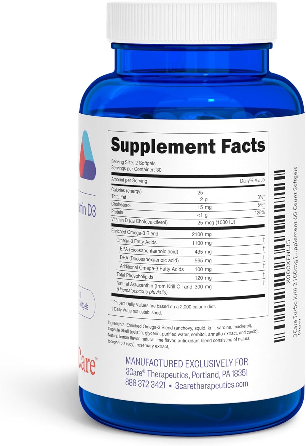 High Concentrate 3Care Turbo Krill Oil Plus 600 IU Vitamin D Omega 3 Supplement Softgels - 60 Count