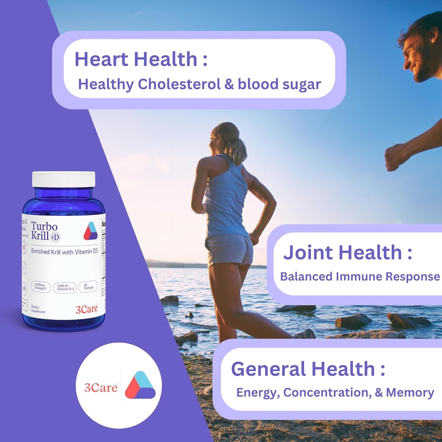 High Concentrate 3Care Turbo Krill Oil Plus 600 IU Vitamin D Omega 3 Supplement Softgels - 60 Count