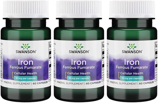 High-Concentration Iron Supplement for Energy Support, Oxygen Delivery, and Metabolism - 60 Capsules, 18mg - Pack of 3