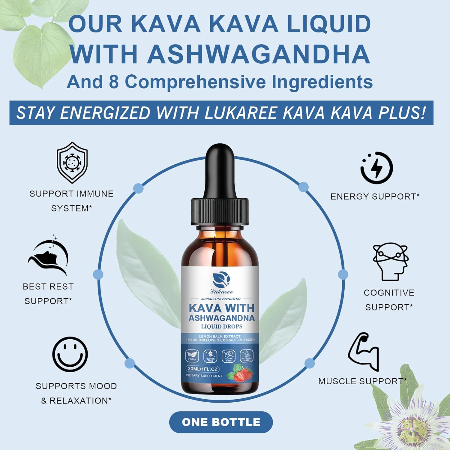 High Concentration Kava Kava Root Extract Supplement with Ashwagandha, Lemon Balm, Valerian Root for Immune & Overall Health - Vegan & Alcohol-Free - 1 Pack
