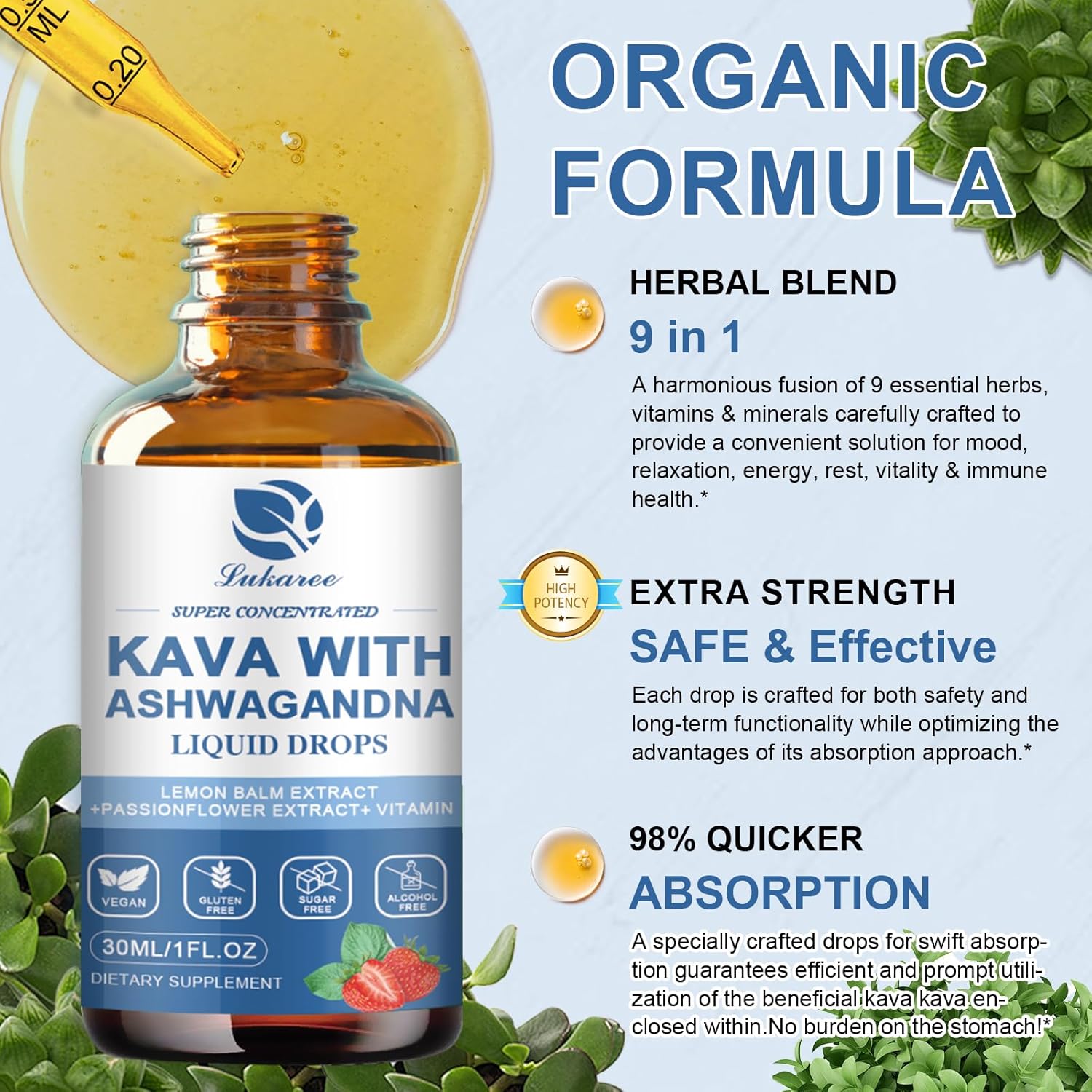 High Concentration Kava Kava Root Extract Supplement with Ashwagandha, Lemon Balm, Valerian Root for Immune & Overall Health - Vegan & Alcohol-Free - 1 Pack