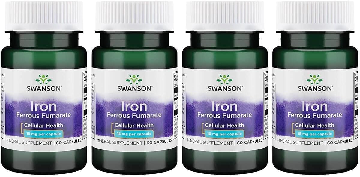 High-Concentration Swanson Iron Capsules for Energy Support and Oxygen Delivery - 60 Capsules, 18mg Each - Pack of 4