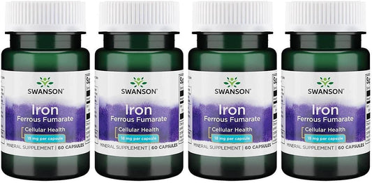 High-Concentration Swanson Iron Capsules for Energy Support and Oxygen Delivery - 60 Capsules, 18mg Each - Pack of 4