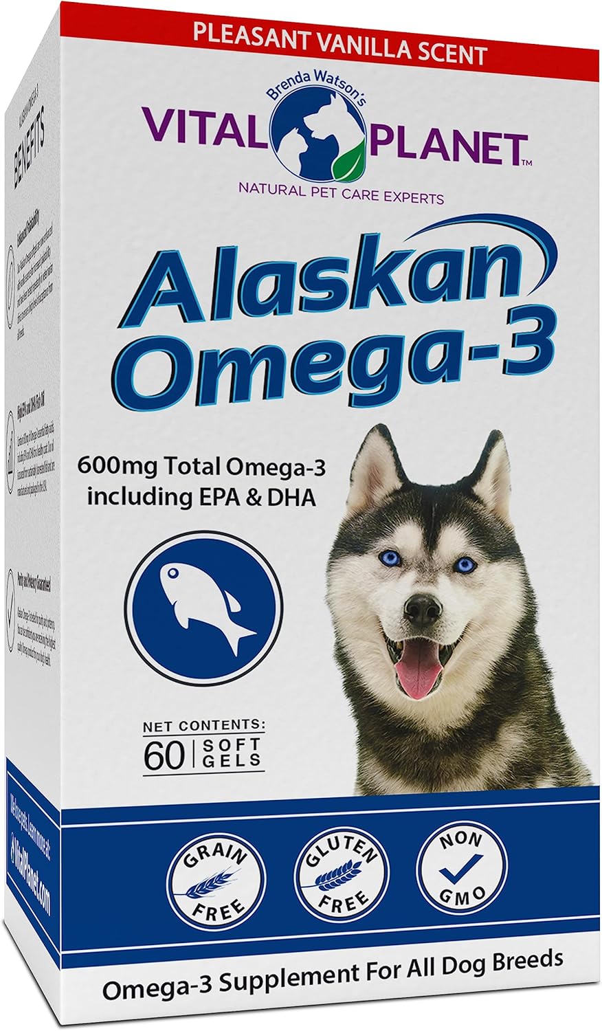 High DHA & EPA Alaskan Omega-3 Fish Oil Supplement for Dogs - 600mg, Sustainably Harvested, 60 Softgels