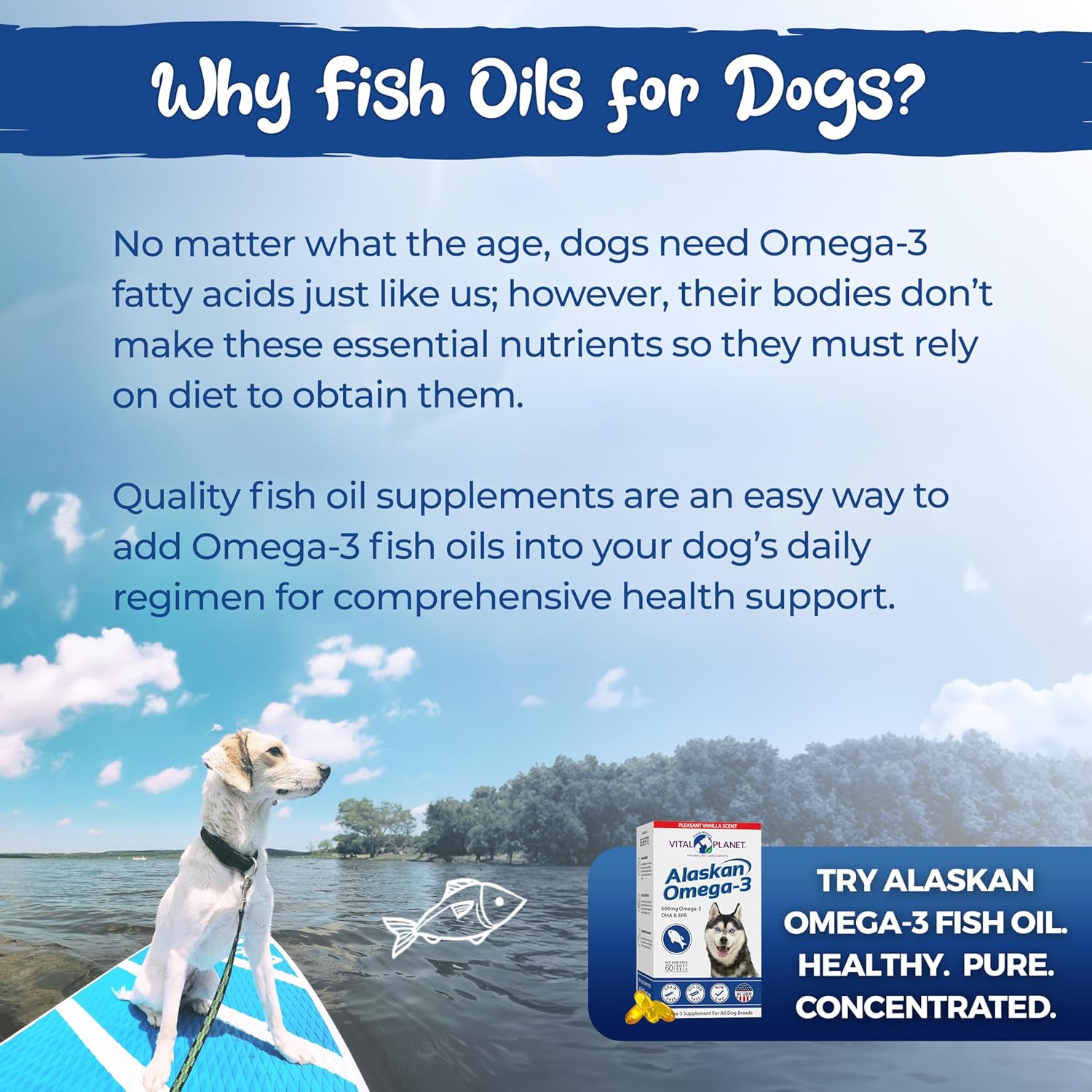 High DHA & EPA Alaskan Omega-3 Fish Oil Supplement for Dogs - 600mg, Sustainably Harvested, 60 Softgels