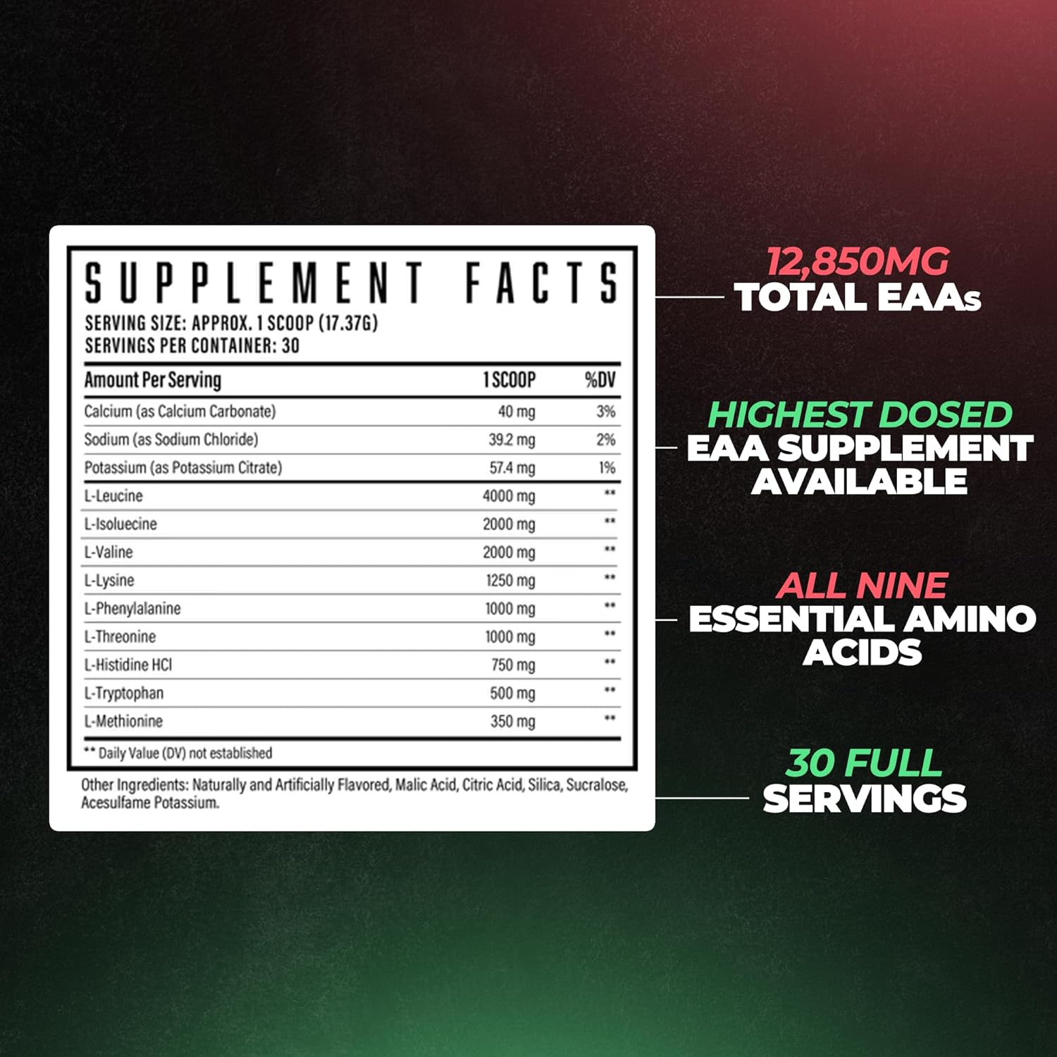 High-Dose Essential Amino Acids Powder for Muscle Growth & Recovery, 12.85g EAAs & 8g BCAAs, Watermelon Lemonade Flavor, 17.73 Oz.