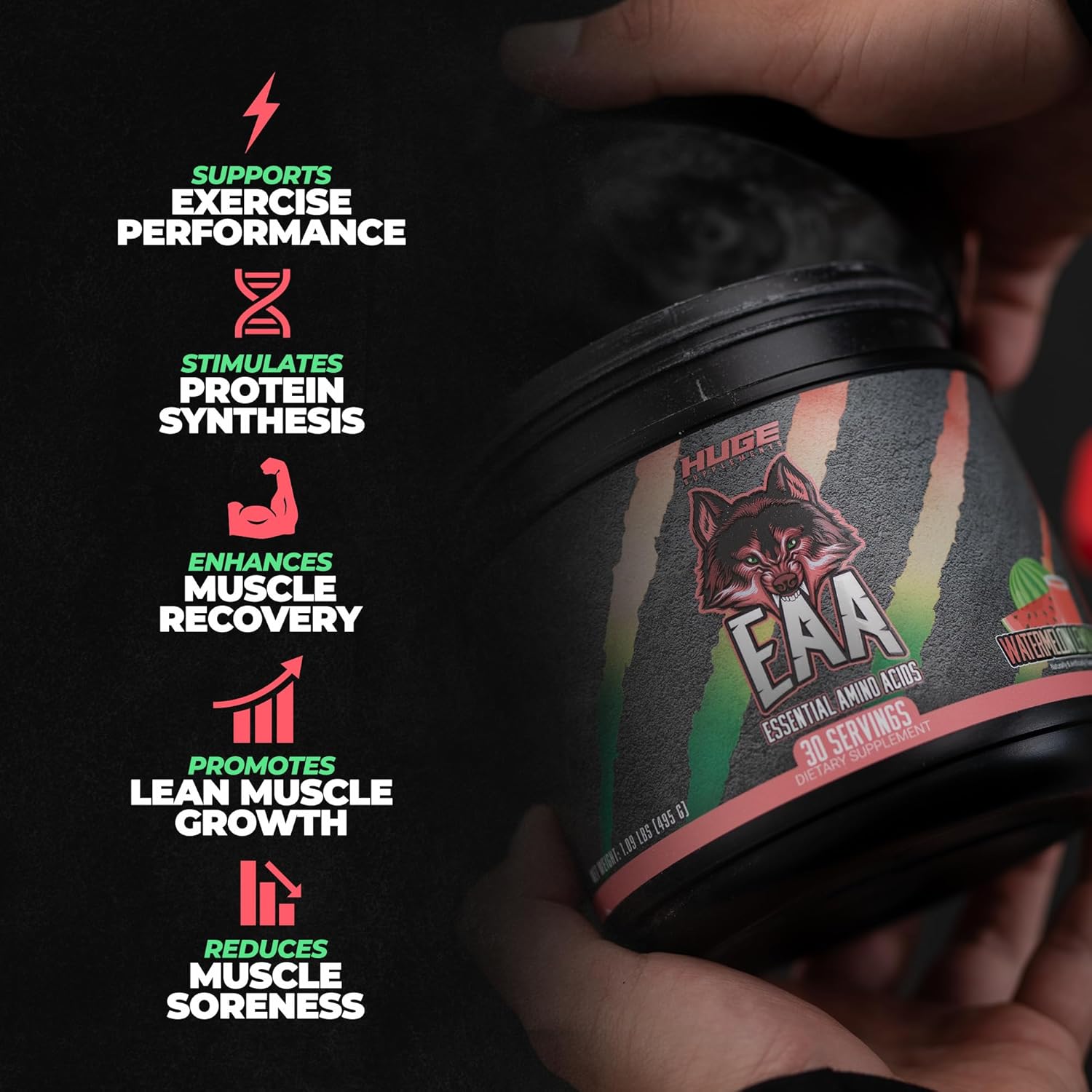 High-Dose Essential Amino Acids Powder for Muscle Growth & Recovery, 12.85g EAAs & 8g BCAAs, Watermelon Lemonade Flavor, 17.73 Oz.