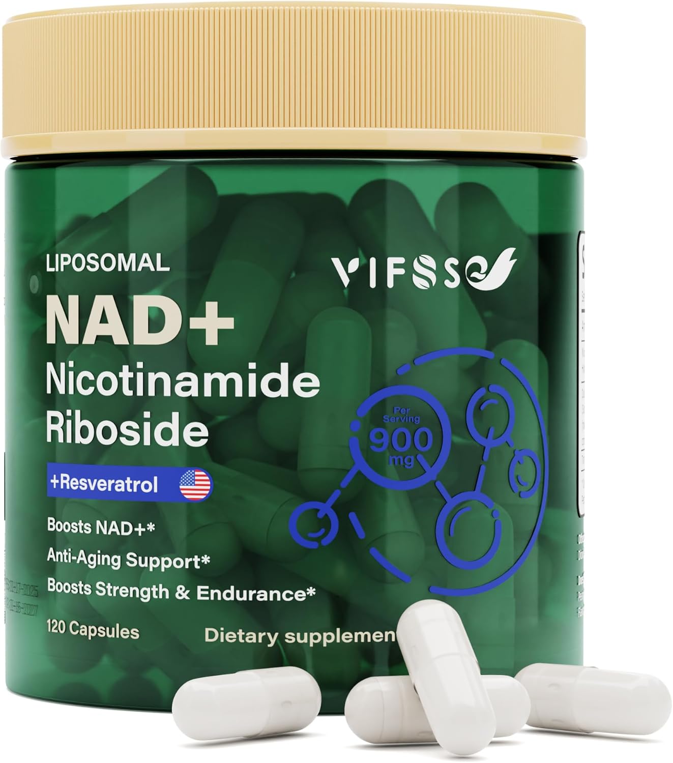 High Efficiency Liposomal NAD+ Nicotinamide Riboside Supplement 900mg with Resveratrol and Quercetin for Energy Boost - 120 Capsules for Men and Women