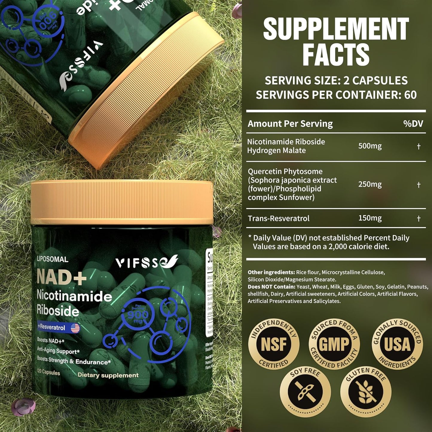 High Efficiency Liposomal NAD+ Nicotinamide Riboside Supplement 900mg with Resveratrol and Quercetin for Energy Boost - 120 Capsules for Men and Women