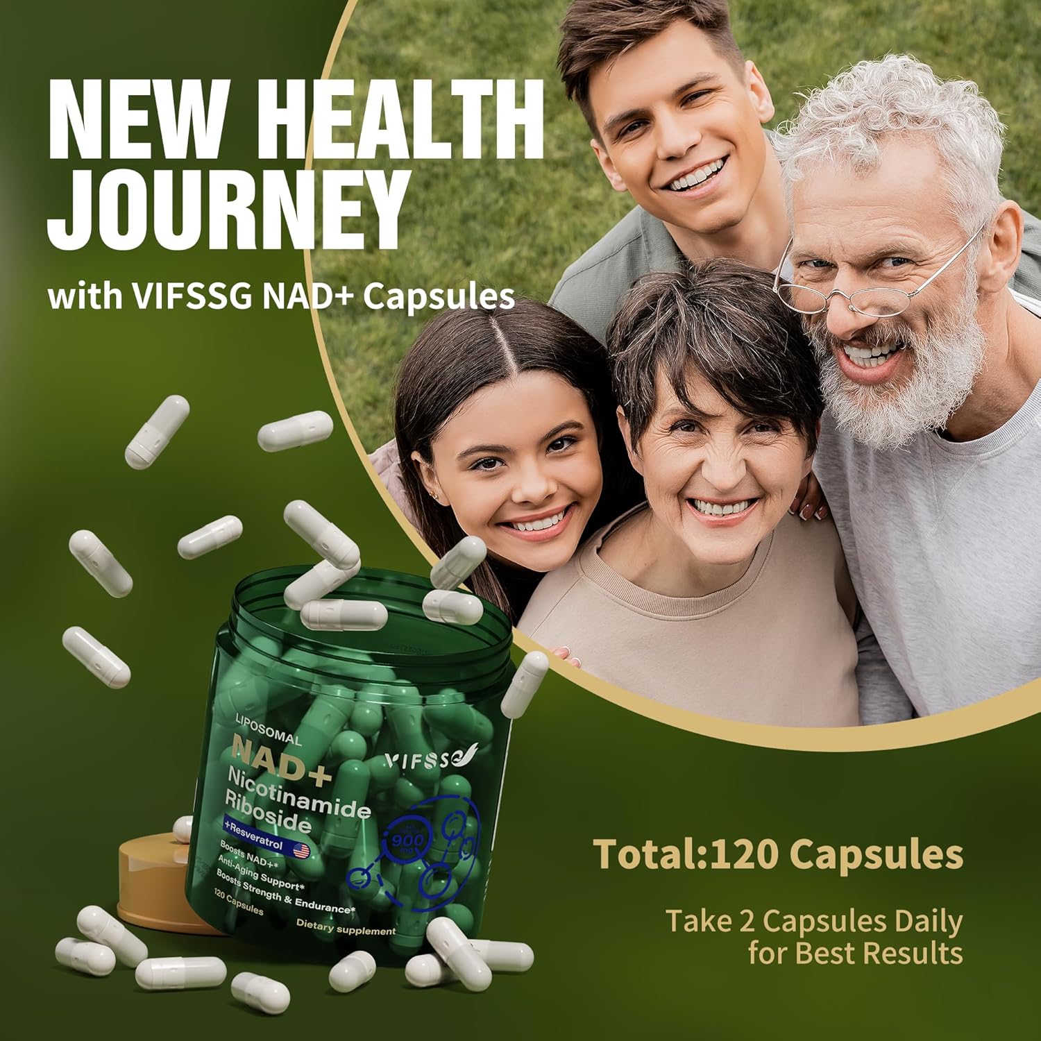 High Efficiency Liposomal NAD+ Nicotinamide Riboside Supplement 900mg with Resveratrol and Quercetin for Energy Boost - 120 Capsules for Men and Women