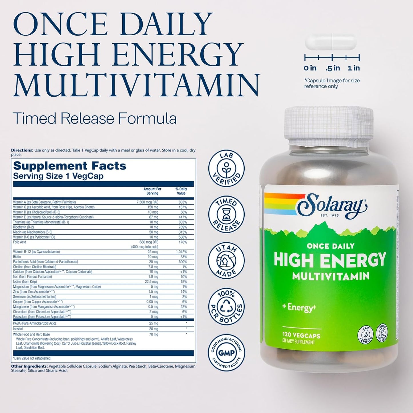High Energy Multivitamin by SOLARAY | Timed-Release Formula | Whole Food & Herb Base | Non-GMO | Daily Use
