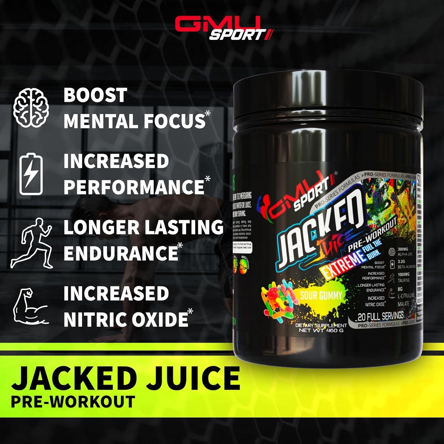 High Energy Pre-Workout Powder for Men & Women - GMU SPORT Jacked Juice with Citrulline Malate, Creatine, Beta Alanine, B-Vitamin Boost - 40 Servings
