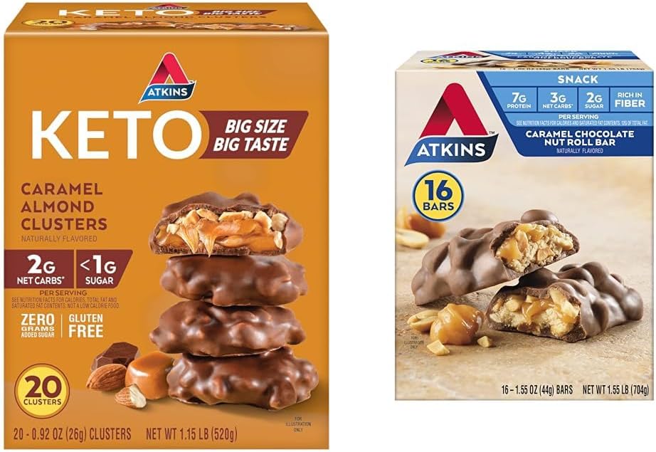 High Fiber Keto-Friendly Snack Bundle: Atkins Caramel Almond Clusters & Caramel Chocolate Nut Roll Bar, 36 Count