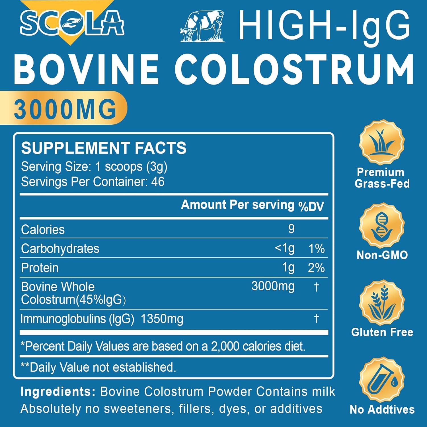 High IgG Bovine Colostrum Powder Supplement - Gut Health, Immune Support, Beauty Boost - Grass-Fed, Non-GMO - 3000mg/Serving, 4.9 oz - 46 Servings