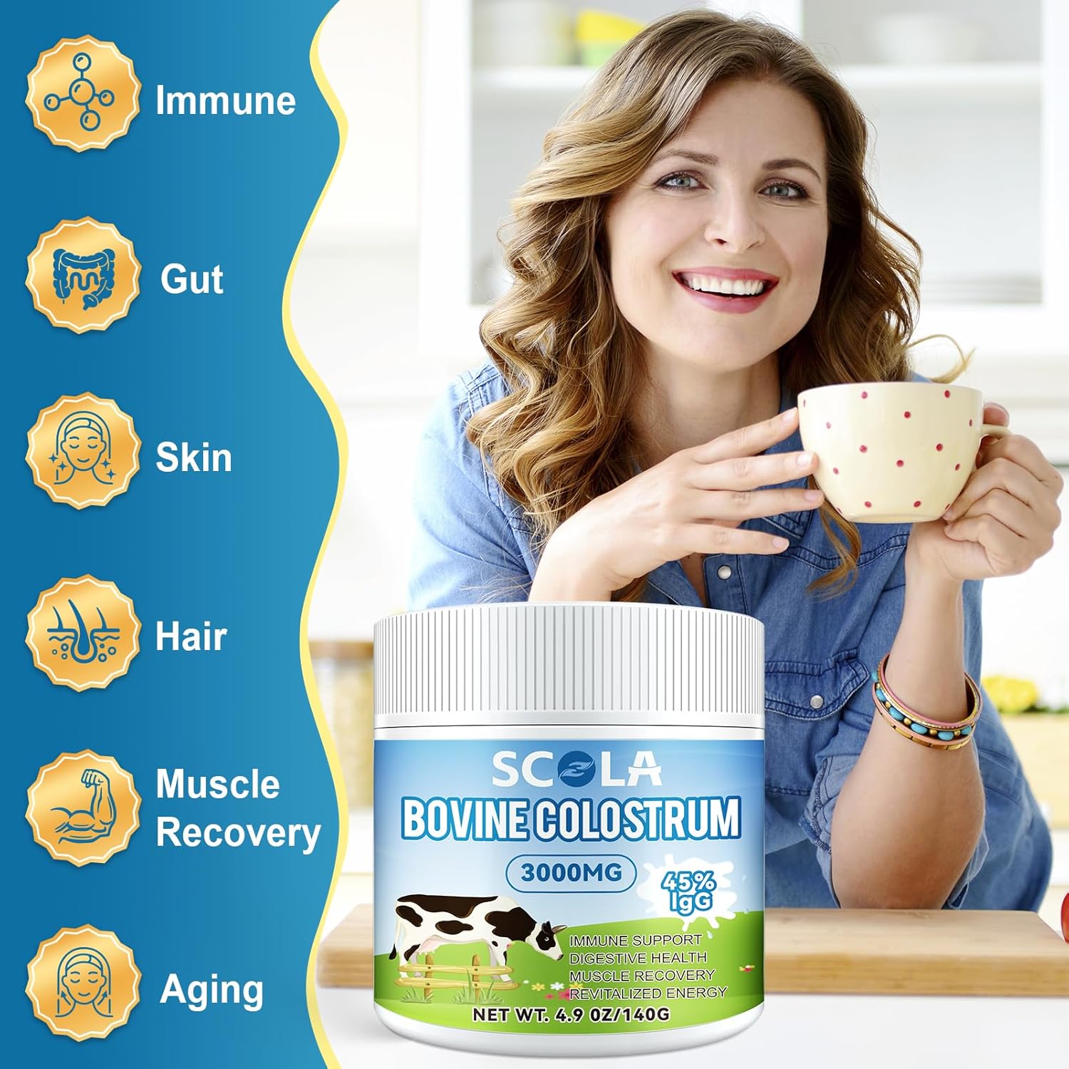 High IgG Bovine Colostrum Powder Supplement - Gut Health, Immune Support, Beauty Boost - Grass-Fed, Non-GMO - 3000mg/Serving, 4.9 oz - 46 Servings