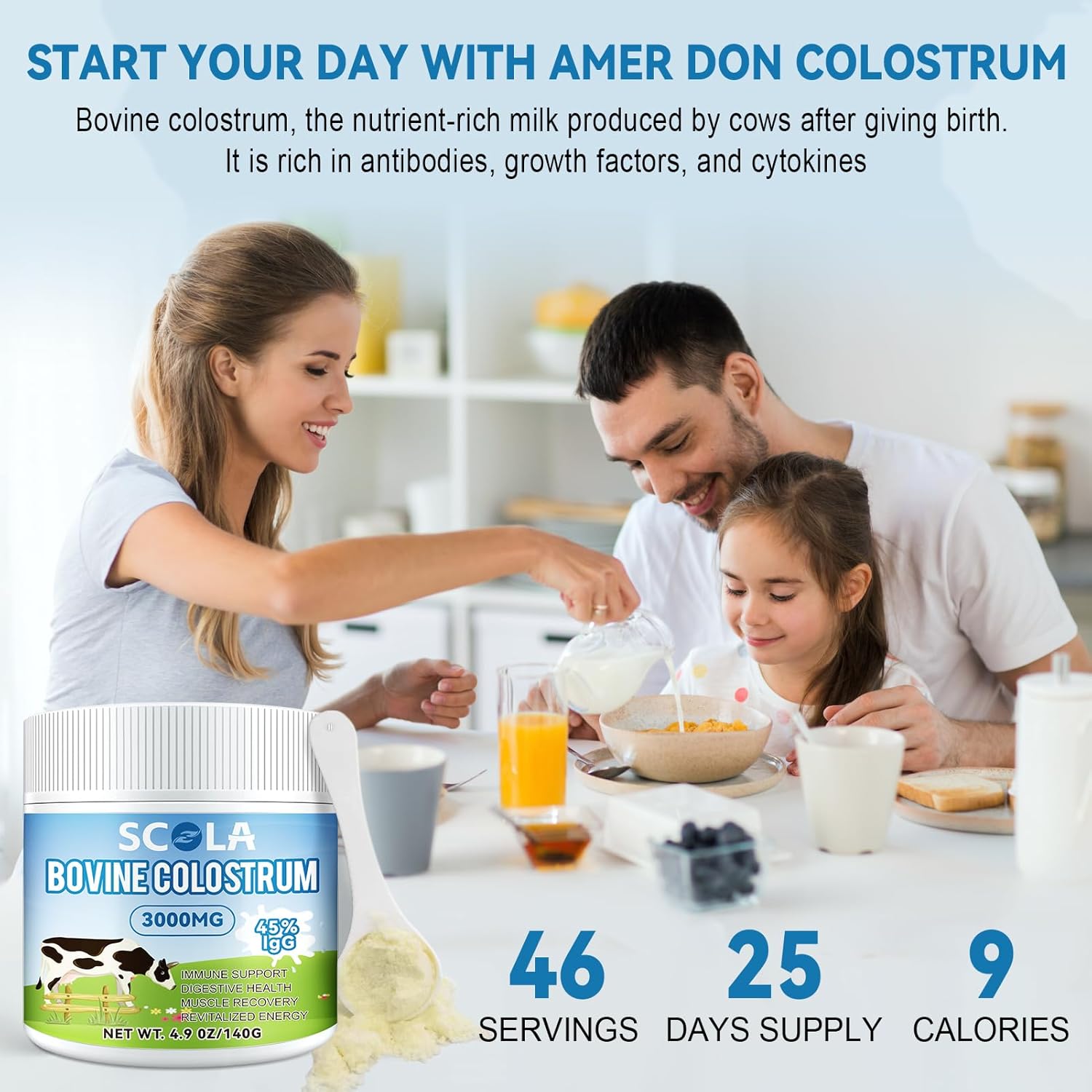 High IgG Bovine Colostrum Powder Supplement - Gut Health, Immune Support, Beauty Boost - Grass-Fed, Non-GMO - 3000mg/Serving, 4.9 oz - 46 Servings