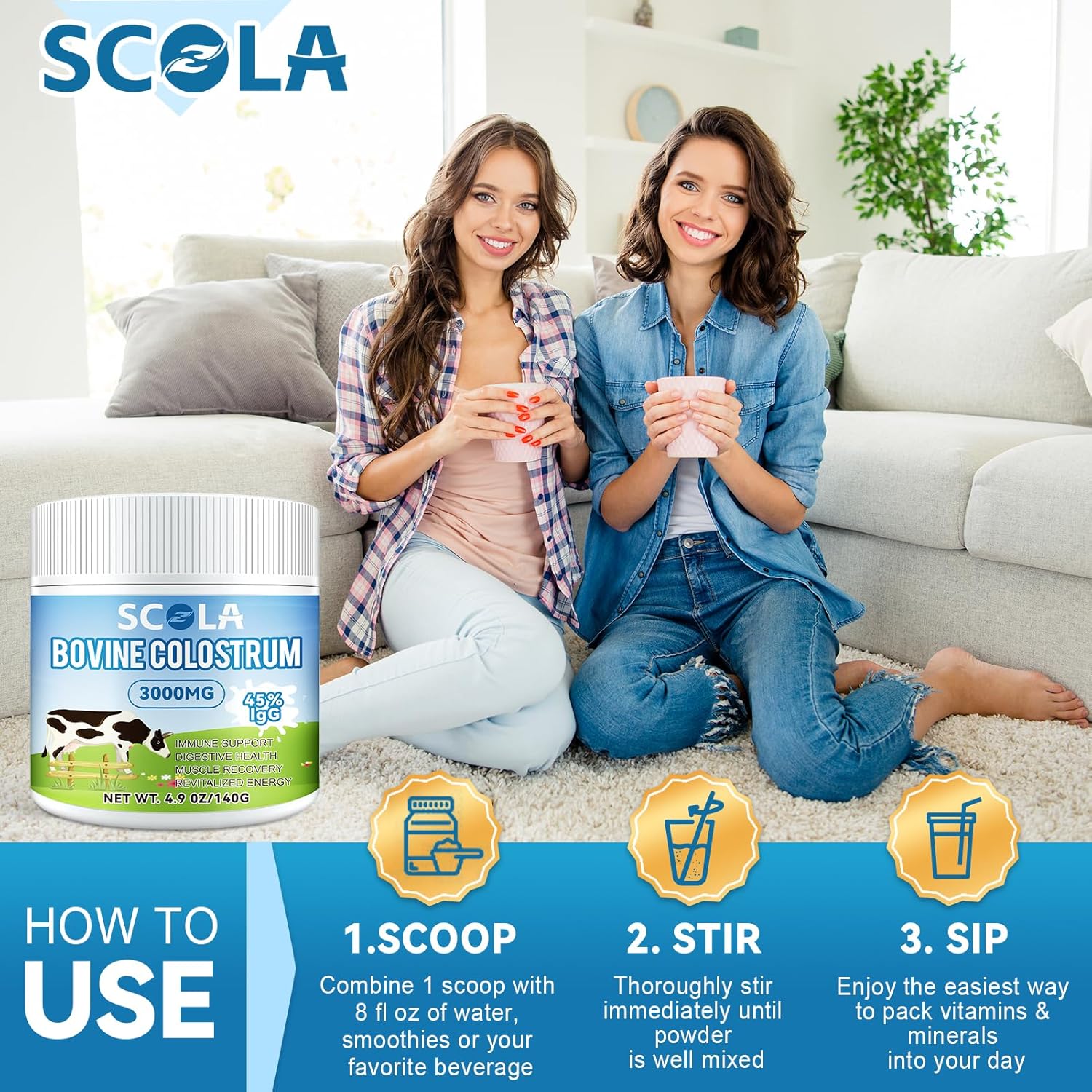 High IgG Bovine Colostrum Powder Supplement - Gut Health, Immune Support, Beauty Boost - Grass-Fed, Non-GMO - 3000mg/Serving, 4.9 oz - 46 Servings