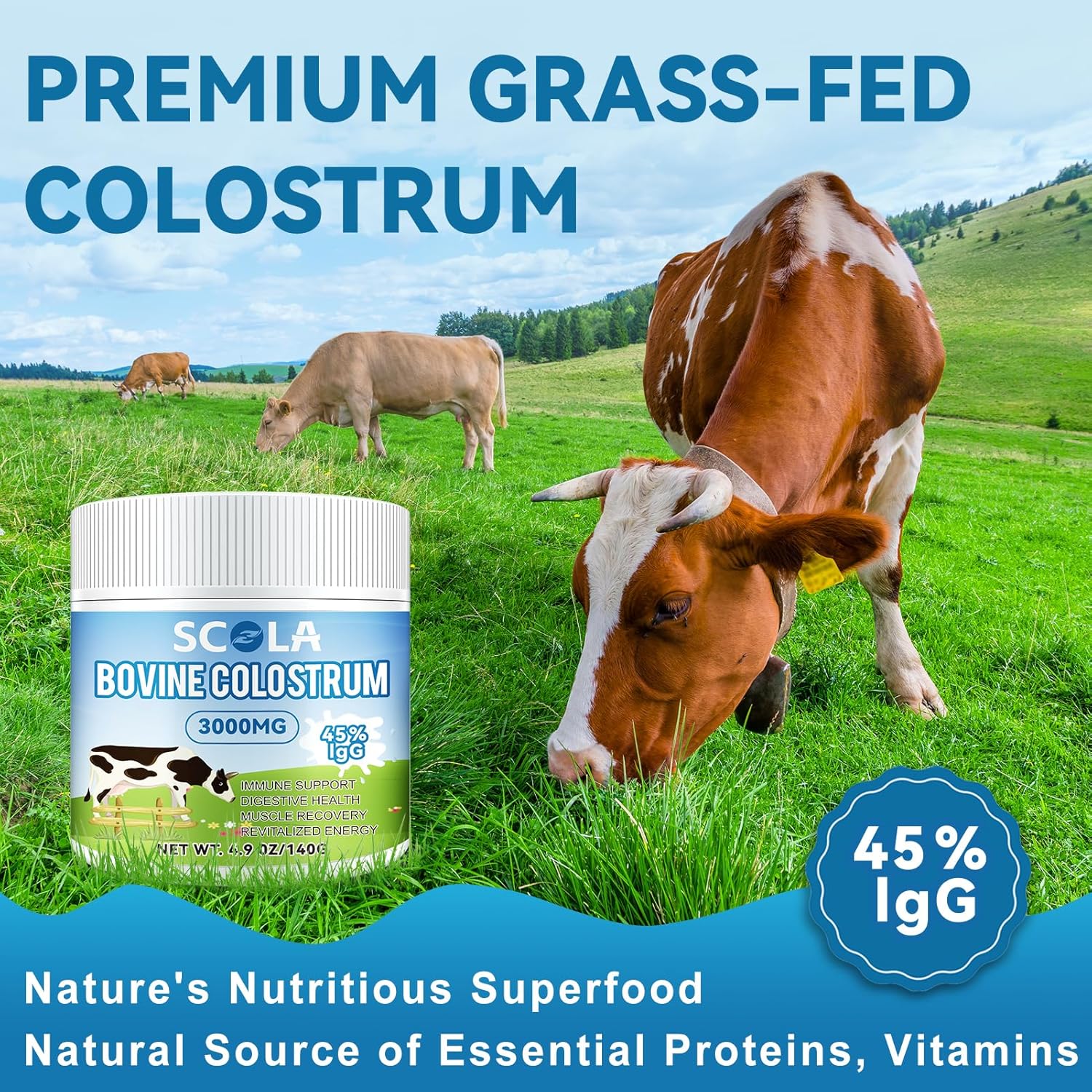 High IgG Bovine Colostrum Powder Supplement - Gut Health, Immune Support, Beauty Boost - Grass-Fed, Non-GMO - 3000mg/Serving, 4.9 oz - 46 Servings