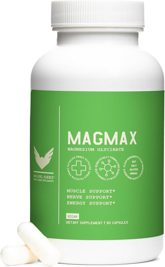 High Level Magmax Magnesium Glycinate Capsules - Natural Supplement for Bone, Sleep, Heart, Muscle & Cramps - Gluten-Free Vegan Formula, 90ct